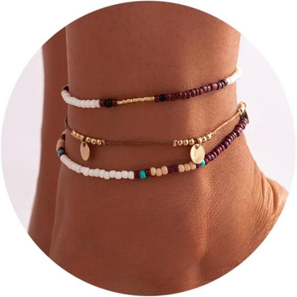 Bead Ankle Bracelets Set For Women, Adjustable Gold Boho Shell Anklet, Hawaiian